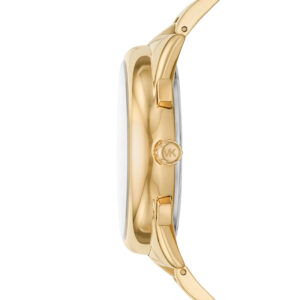 Side profile of Michael Kors MK8995 gold-tone watch showing case thickness and crown