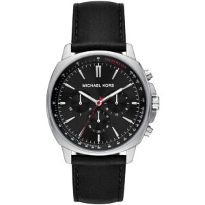 Michael Kors Sullivan men's chronograph watch with black dial and silver case on black leather strap