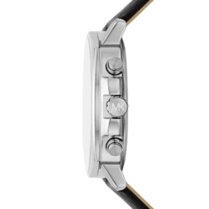 Michael Kors Sullivan watch side view showing silver case profile and black leather strap