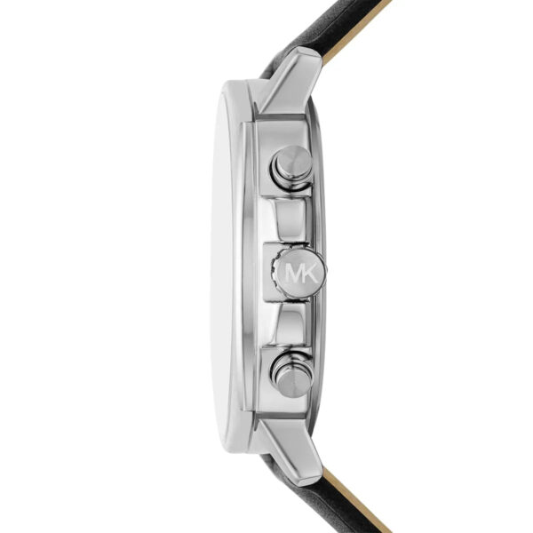 Michael Kors Sullivan watch side view showing silver case profile and black leather strap