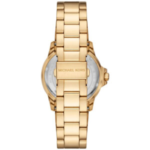 Michael Kors Everest caseback showing stainless steel case back with branding and strap