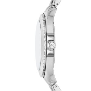 Michael Kors Everest MK9079 side profile view of silver stainless steel case and bracelet