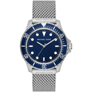 Michael Kors Everest men's watch with blue dial, silver-tone mesh strap, and rotating bezel