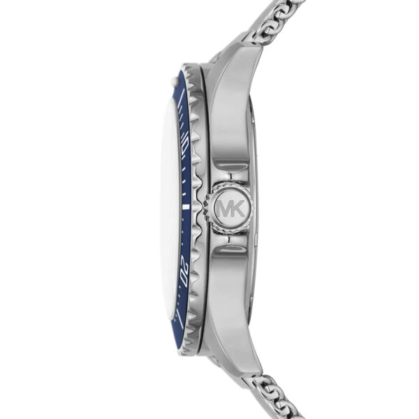 Michael Kors Everest watch side profile showing silver-tone stainless steel case and mesh strap