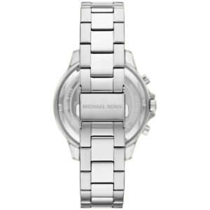 Michael Kors Grayson chronograph watch caseback view with silver stainless steel bracelet