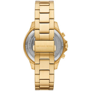 Caseback view of Michael Kors Greyson chronograph showing gold-tone stainless steel band