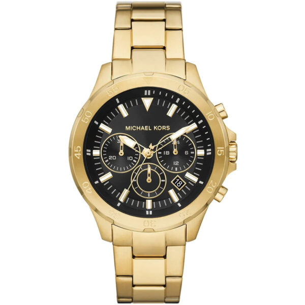 Michael Kors Greyson chronograph watch with gold-tone case, black dial, and gold-tone stainless steel band