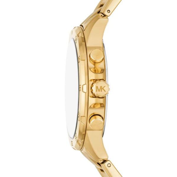 Side view of gold-tone Michael Kors Greyson watch showing case profile and chronograph pushers