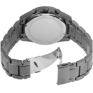 Back view of MK9111 watch showing gunmetal caseback and metal bracelet