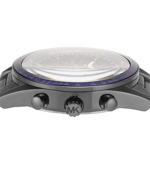 Side view of MK9111 watch showing gunmetal case, blue bezel, and chronograph pushers
