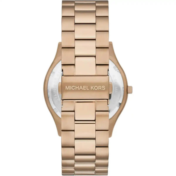 Michael Kors MK9122 caseback showing gold-tone metal bracelet strap
