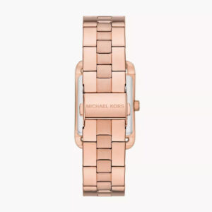 Back view of Michael Kors Monroe watch displaying rose gold-tone case back and bracelet clasp