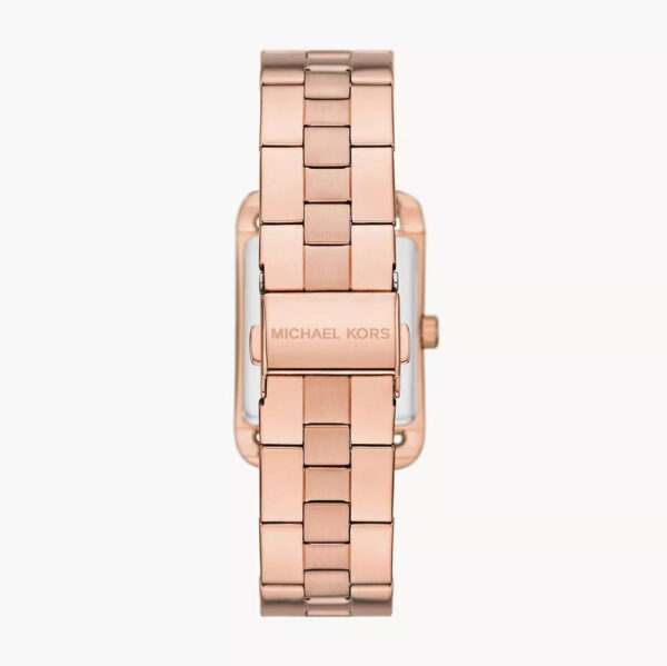 Back view of Michael Kors Monroe watch displaying rose gold-tone case back and bracelet clasp