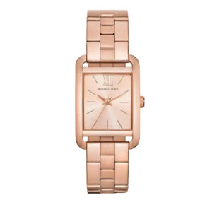 Michael Kors Monroe women's watch with rose gold-tone rectangular case, champagne dial with Roman numerals, and link bracelet