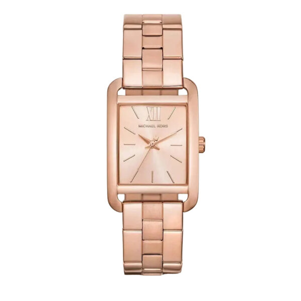 Michael Kors Monroe women's watch with rose gold-tone rectangular case, champagne dial with Roman numerals, and link bracelet