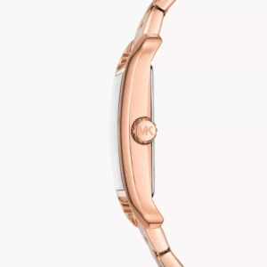 Side profile of Michael Kors Monroe watch showing rose gold-tone case and polished finish