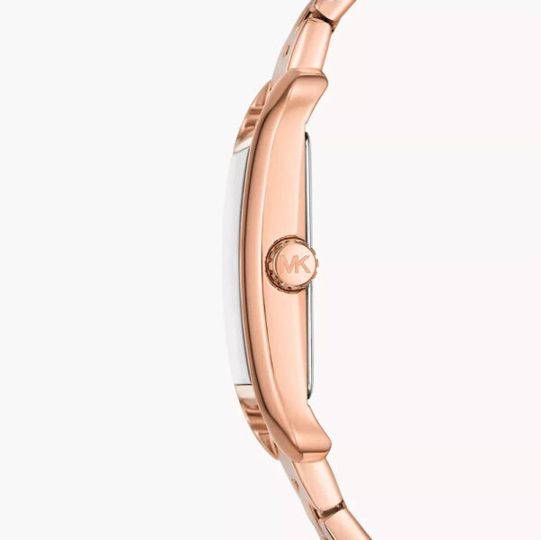 Side profile of Michael Kors Monroe watch showing rose gold-tone case and polished finish