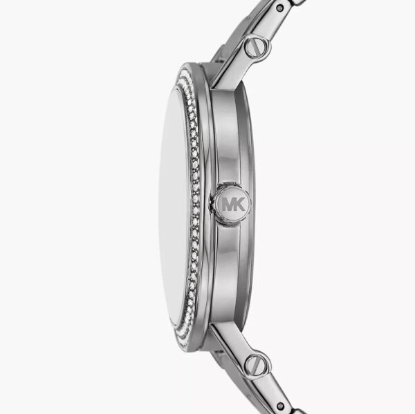 Michael Kors Corey side view showing crystal-set bezel, case profile and bracelet