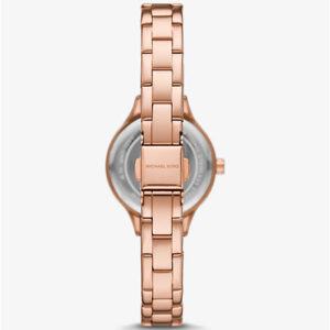 Michael Kors Mini Aspyn rose gold watch case back view showing MK branding