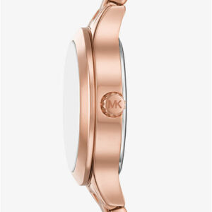 Michael Kors Mini Aspyn watch side profile showing rose gold case and MK logo detail