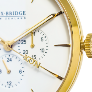 Close-up of Noxbridge AG41 chronograph dial with gold hands and subdials