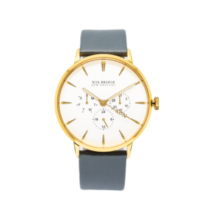 Noxbridge AG41 gold men's watch with white chronograph dial and gray leather strap