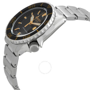 Side angle view of Seiko 5 Sports SKX stainless steel bracelet and black bezel with golden accents