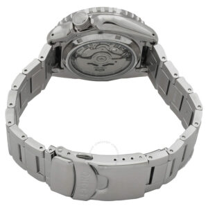 Caseback of Seiko 5 Sports SKX SRPK99K1 showing automatic movement and stainless steel bracelet