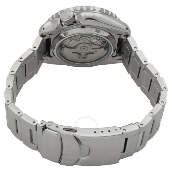 Caseback of Seiko 5 Sports SKX SRPK99K1 showing automatic movement and stainless steel bracelet