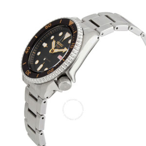 Seiko 5 Sports watch from side angle showing case profile and stainless steel bracelet