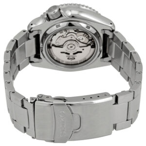 Seiko automatic movement visible through transparent caseback with stainless steel bracelet