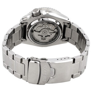 Seiko 5 Sports caseback showing automatic movement visible through transparent display case
