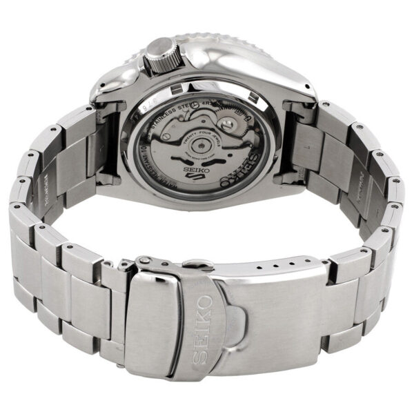 Seiko 5 Sports caseback showing automatic movement visible through transparent display case
