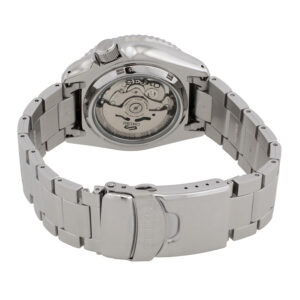 Caseback view of Seiko 5 Sports watch revealing automatic movement and stainless steel back