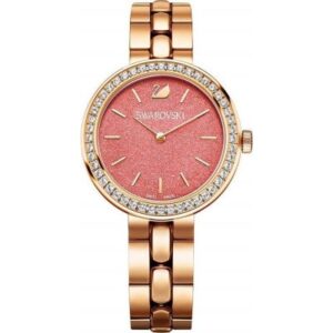 Swarovski City women's watch with coral crystal dial, rose gold steel strap, and crystal-set bezel