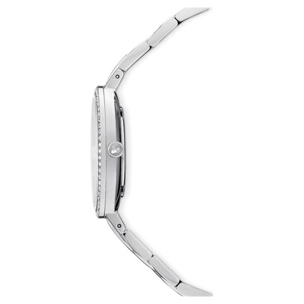 Swarovski Cosmopolitan watch side profile showing case depth and stainless steel bracelet