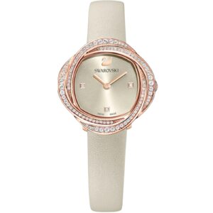 Swarovski Crystalline Aura women's watch with ivory dial and rose gold pavé bezel on cream strap