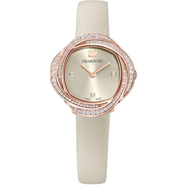Swarovski Crystalline Aura women's watch with ivory dial and rose gold pavé bezel on cream strap