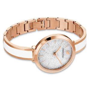 Crystalline Delight watch on wrist showing rose gold case and white strap