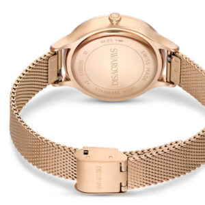 Caseback of Swarovski Dextera watch with engraved Swarovski logo and rose gold tone finish