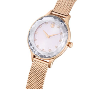 Angled view of Swarovski Dextera watch showing crystal pave bezel and rose gold mesh strap detail
