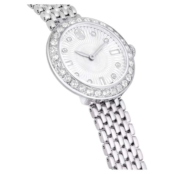 Swarovski Octea Chrono watch angled view with silver dial and crystal bezel detail