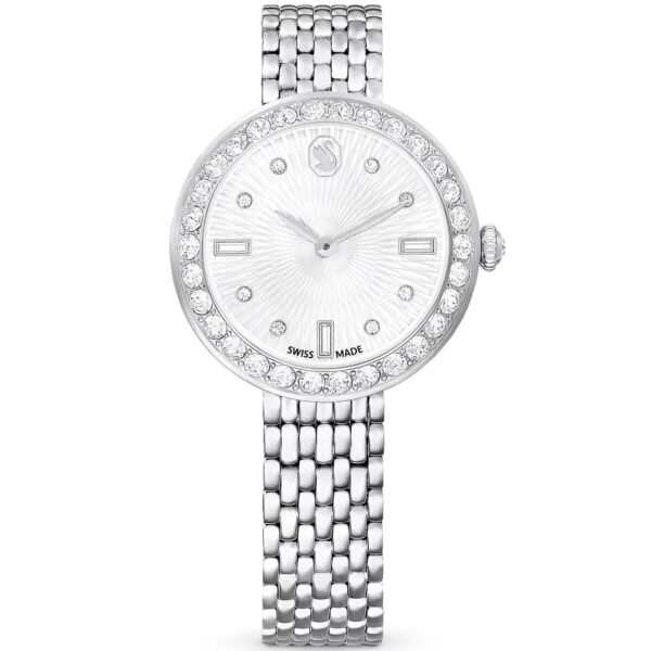 Swarovski Octea Chrono silver watch with crystal bezel and silver dial on steel bracelet