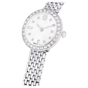 Swarovski Octea Chrono watch on wrist showing silver dial and steel bracelet