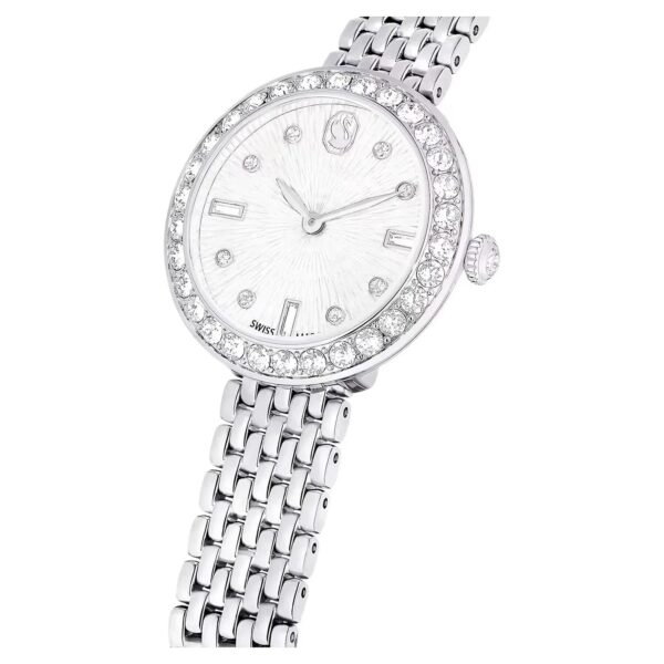 Swarovski Octea Chrono watch on wrist showing silver dial and steel bracelet
