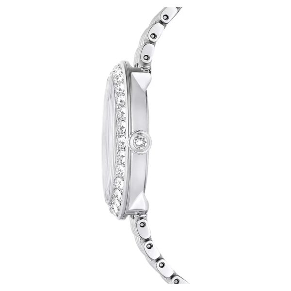 Swarovski Octea Chrono watch side profile showing crystal-set bezel and steel case
