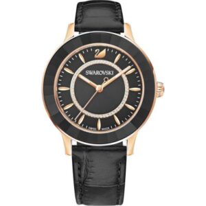 Swarovski Octea Lux black dial watch with rose-gold case and black leather strap