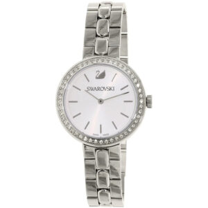 Swarovski Octea Sport women's watch at angle showing crystal bezel and steel bracelet