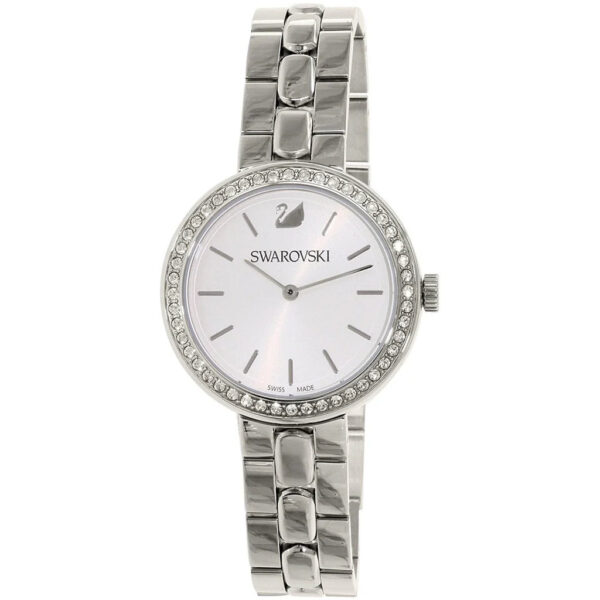 Swarovski Octea Sport women's watch at angle showing crystal bezel and steel bracelet