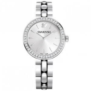 Swarovski Octea Sport watch with white dial, faceted crystal bezel, and stainless steel bracelet